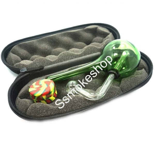 Glass Green Color Oil Burner Bubbler Pipe for Oil Wax thick heavy glass with Carry Case and Silicone Jar