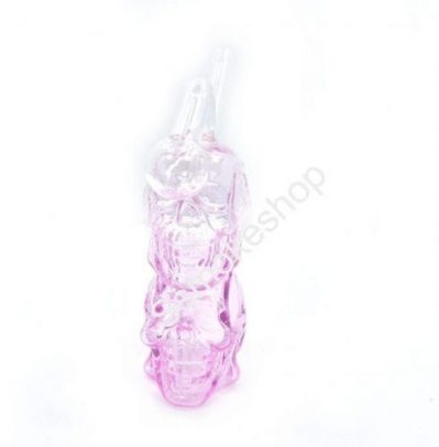 Pink Glass Double Skull Oil Burner Bubbler Water Smoking Bong 5.5" Inches