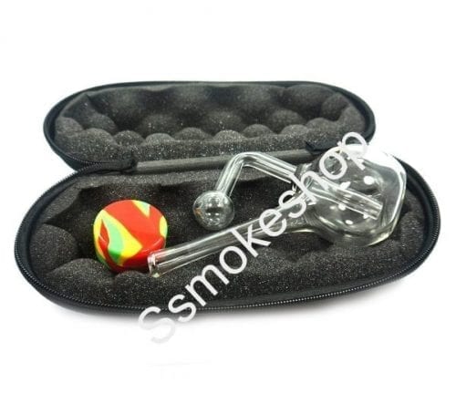 Glass Clear Oil Burner Bubbler Pipe for Oil Wax thick heavy glass with Carry Case and Silicone Jar