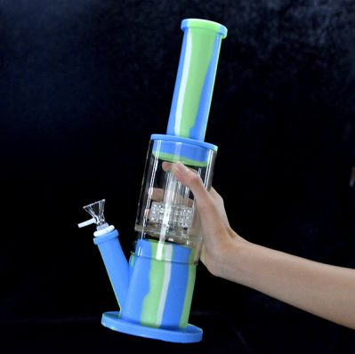 14" Straight Silicone Water Bong Pipe Glass Perc