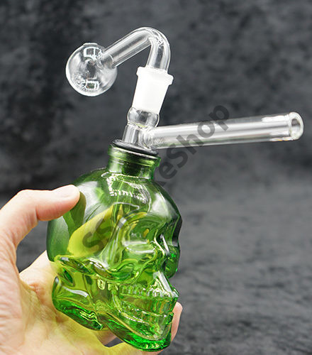 Skull Oil Burner Bubbler Green 14mm Color 6 inches