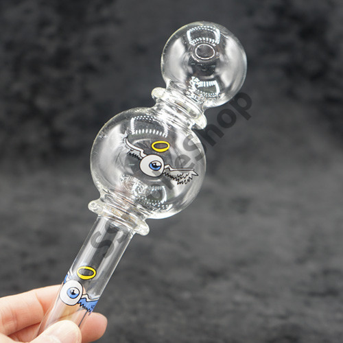 Glass Oil Burner Pipe Double Bubble Clear with Design